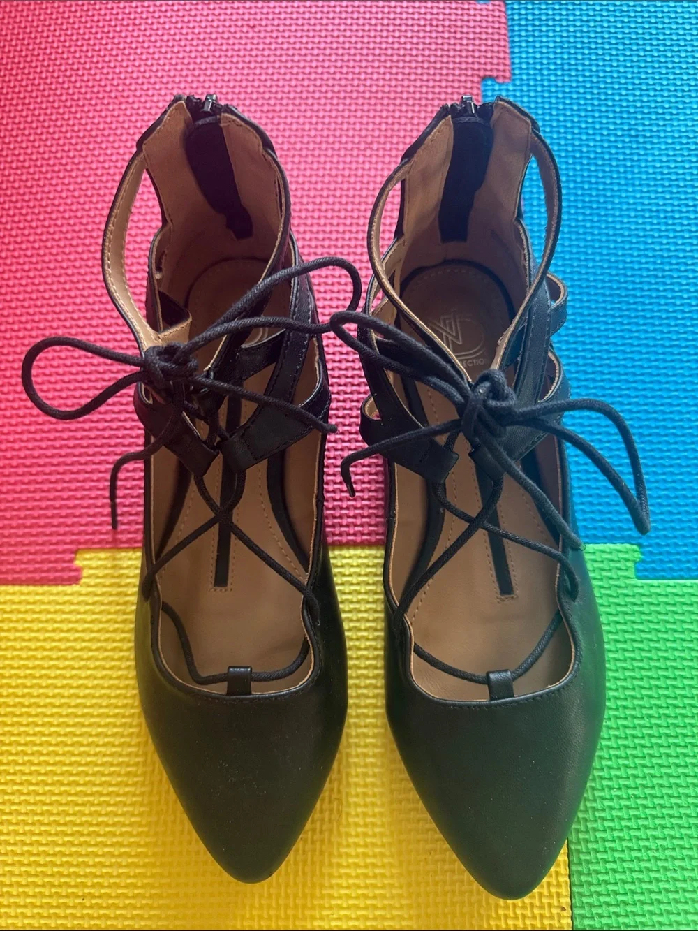new directions Black Lace-Up Pointed Toe Flats